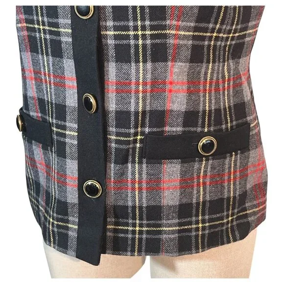 Vintage Pendleton Womens Tartan Gray Plaid Wool Vest Black Belvet Trim Size 6 - Picture 3 of 9